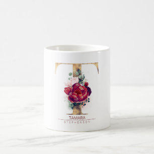 Caneca De Café Glitter Dourado T Monograma Vermelho Borgonha Flor
