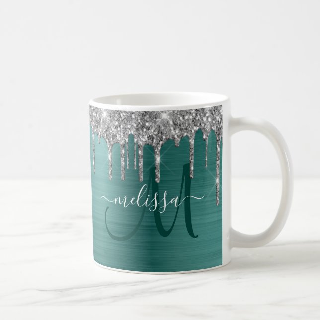 Caneca De Café Glitter Gota Monograma de Metal Bruto Teal (Direita)