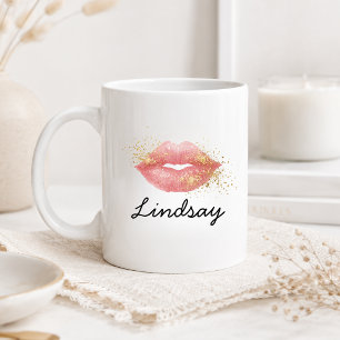 Caneca De Café Glitter Lábios Rosa Personalizados