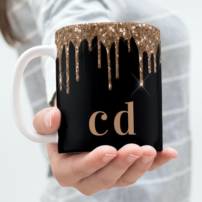 Caneca De Café Glitter preto dourado goteja monograma faísca eleg (Criador carregado)