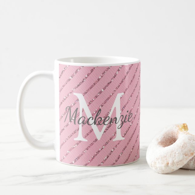 Caneca De Café Glitter Rosa Brilhante Brilhante Monograma (Com Donut)