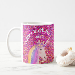 Caneca De Café Glitter Rosa de Aniversário Personalizado do Unic