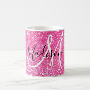 Caneca De Café Glitter Rosa Quente Brilhante Brilha Nome do Monog
