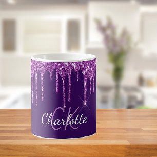 Caneca De Café Glitter roxo gota nome monograma script