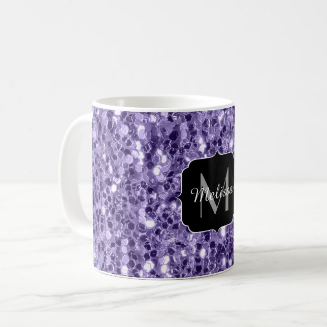 Caneca De Café Glitter roxo ultra violeta brilha monograma (Frente Esquerda)