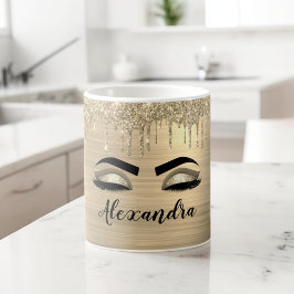 Caneca De Café Glitter Sparkle Eyelashes Dourado Nome do Monogram