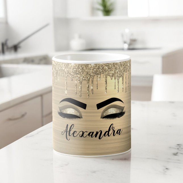 Caneca De Café Glitter Sparkle Eyelashes Dourado Nome do Monogram (Criador carregado)