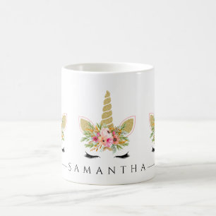 Caneca De Café Glitter Unicorn Com Buquê Floral De Aquarela