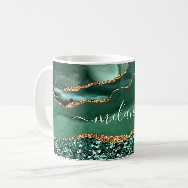 Caneca De Café Glitter Verde Dourado Emerald Nome Personalizado C (Frente Esquerda)
