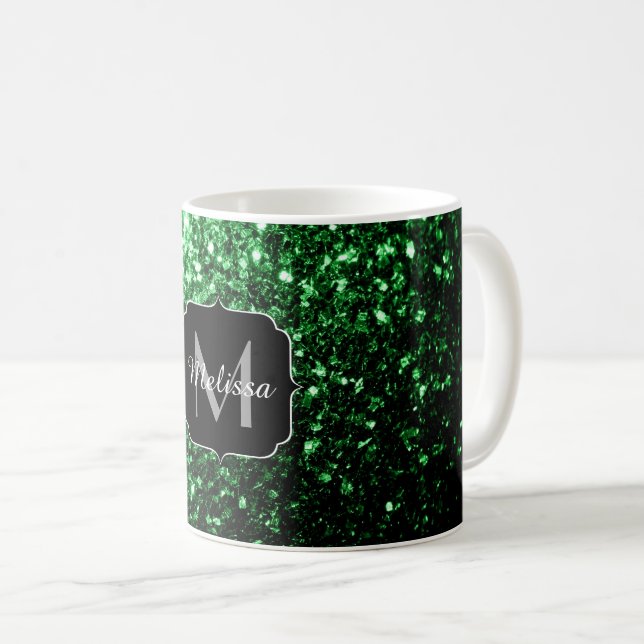 Caneca De Café Glitter verde escuro brilha monograma (Frente Esquerda)