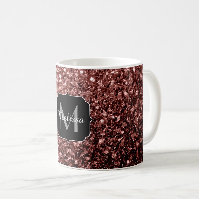 Caneca De Café Glitter vermelho castanho brilha monograma (Frente Esquerda)