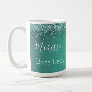 Caneca De Café Glittery Turquoise Personalizada Lady Chefe