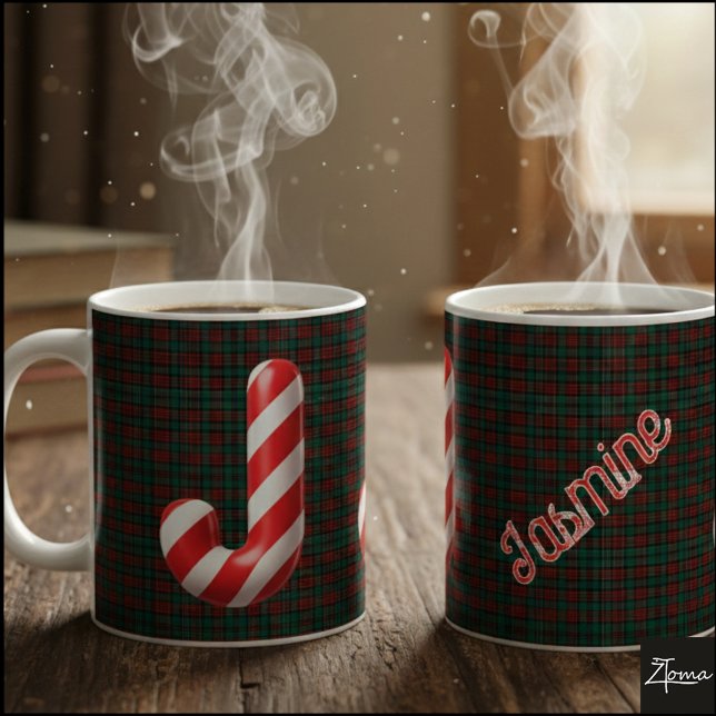 Caneca De Café Glossy Candy Cane Striped Christmas Letter J (Criador carregado)