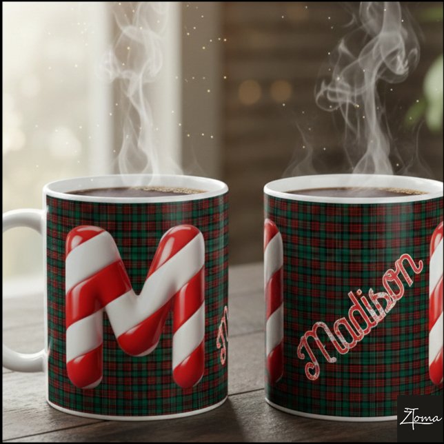 Caneca De Café Glossy Candy Cane Striped Christmas Letter M (Criador carregado)