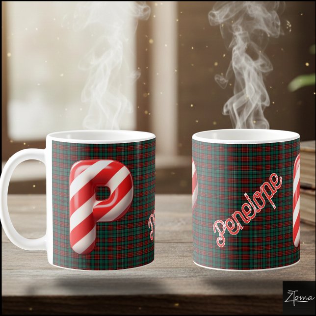 Caneca De Café Glossy Candy Cane Striped Christmas Letter P (Criador carregado)