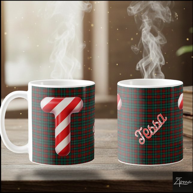 Caneca De Café Glossy Candy Cane Striped Christmas Letter T (Criador carregado)