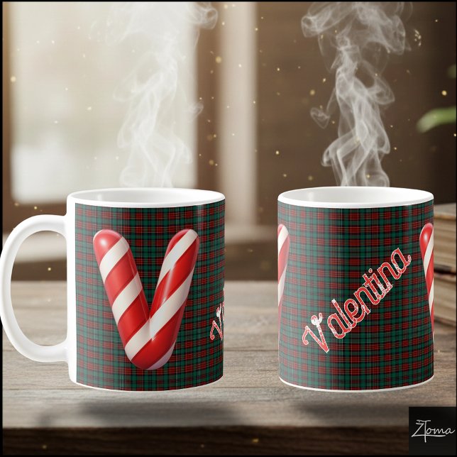 Caneca De Café Glossy Candy Cane Striped Christmas Letter V (Criador carregado)