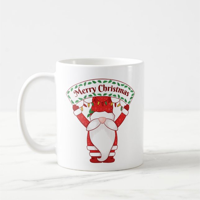 Caneca De Café Gnome Holding Merry Christmas Banner (Esquerda)