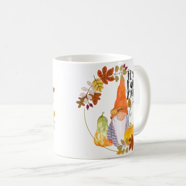 Caneca De Café Gnome mug with pumpkins squash and fall leaves  (Frente Esquerda)