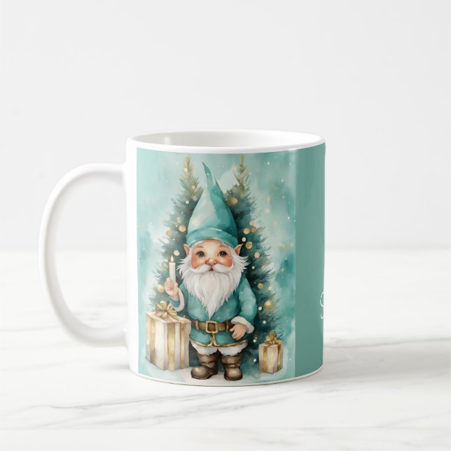 Caneca De Café Gnomo de Natal Aconchegante Turquesa e Dourado (Esquerda)