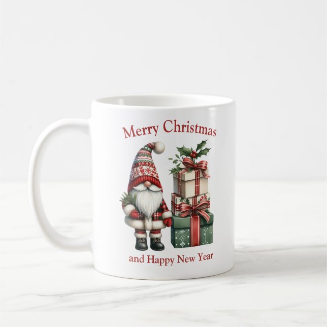 Caneca De Café Gnomo de Natal verde e vermelho, com presentes (Esquerda)