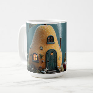 Caneca De Café Gnomo Fofo em Pé ao Lado de uma Casa de Fada de Pe