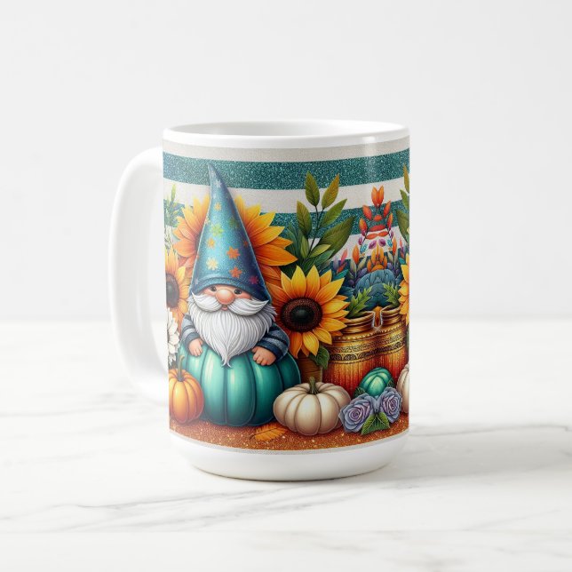 Caneca De Café Gnomo Whimsical Amidst Sunflower e Pumpkins (Frente Esquerda)