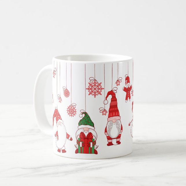 Caneca De Café Gnomos de Natal Pendurados & Flocos de Neve (Frente Esquerda)