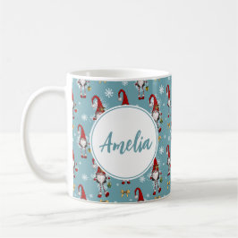 Caneca De Café Gnomos Nórdicos de Natal Padrão Azul Com Nome