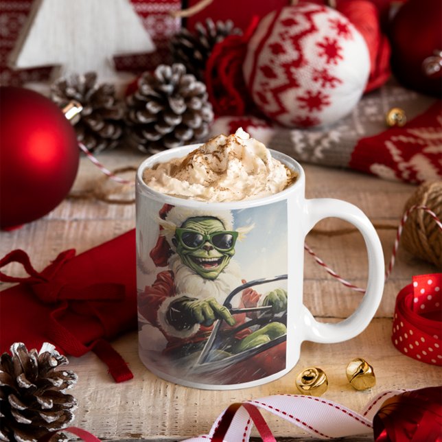 Caneca De Café Goblin Verde Natal #2 andando de moto de neve (Christmas Grinch #2 riding a snowmobile Coffee Mug
)