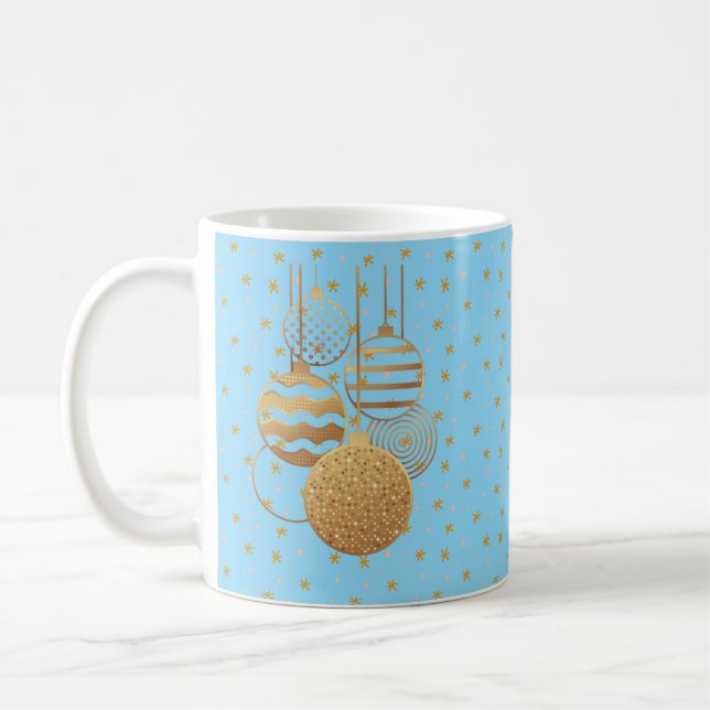 Caneca De Café Gold baubles and stars on an ice blue background (Esquerda)
