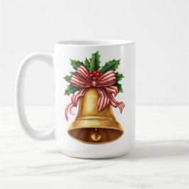 Caneca De Café Golden Christmas Bell Holly and Stripe Bow
