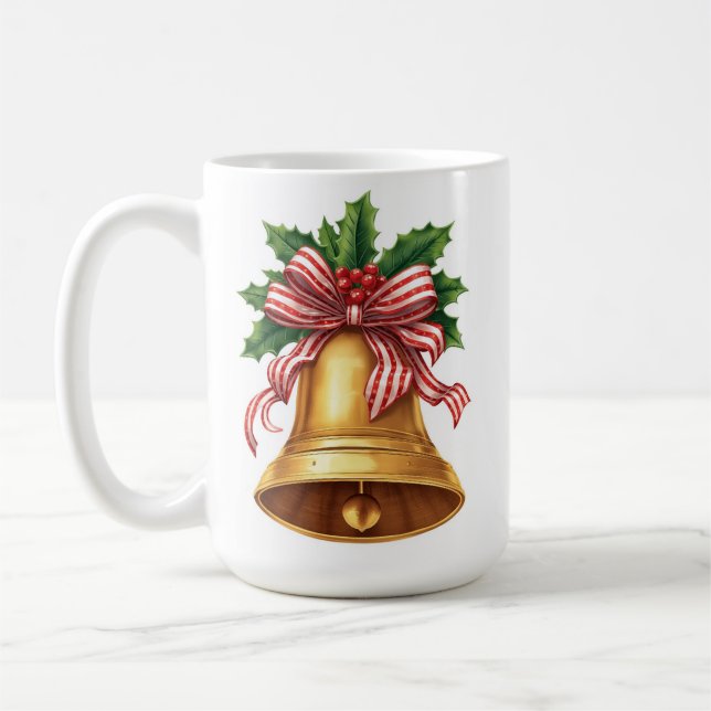 Caneca De Café Golden Christmas Bell Holly and Stripe Bow (Esquerda)