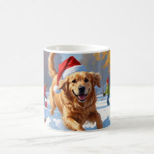 Caneca De Café Golden Retriever na Neve com Chapéu de Natal