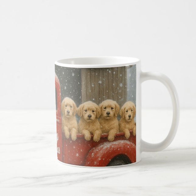Caneca De Café Golden Retriever Puppies in Truck Christmas Card (Direita)