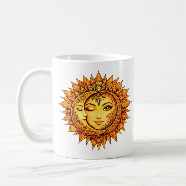 Caneca De Café Golden Sun Moon Boho Goddess | Celestial Mandala (Esquerda)