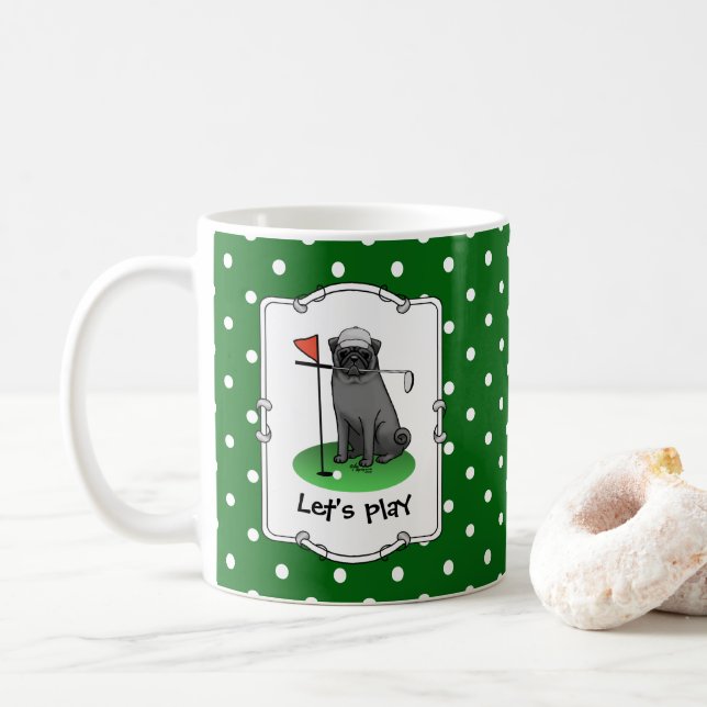 Caneca De Café Golf Pug Jogando Golfe (preto) Cachorro Bonito Eng (Com Donut)