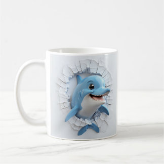 Caneca De Café Golfinho Azul Cartoonado Através da Parede de Queb