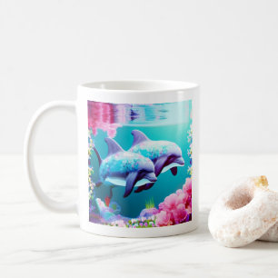 Caneca De Café Golfinhos e Flores Submarinos