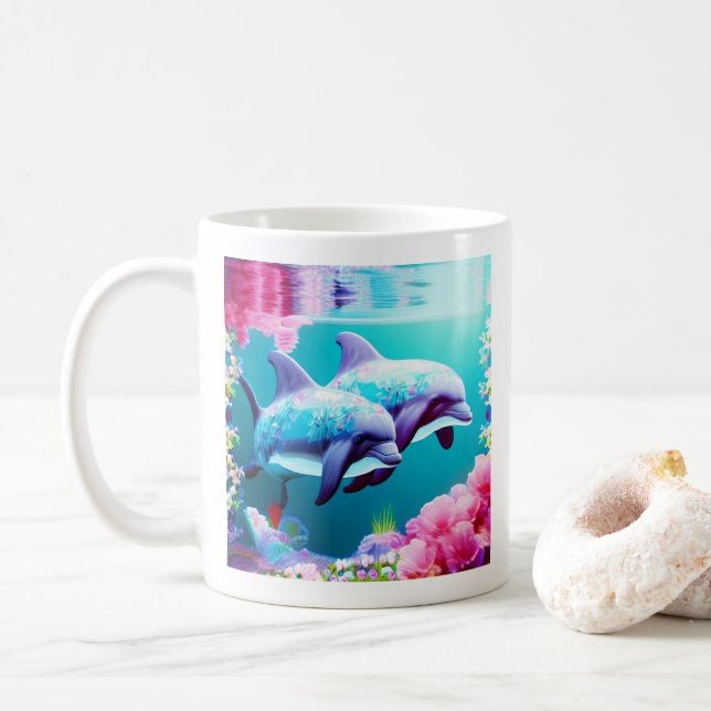 Caneca De Café Golfinhos e Flores Submarinos (Com Donut)