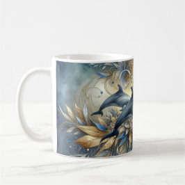 Caneca De Café Golfinhos Elegantes com Ondas Florais Douradas