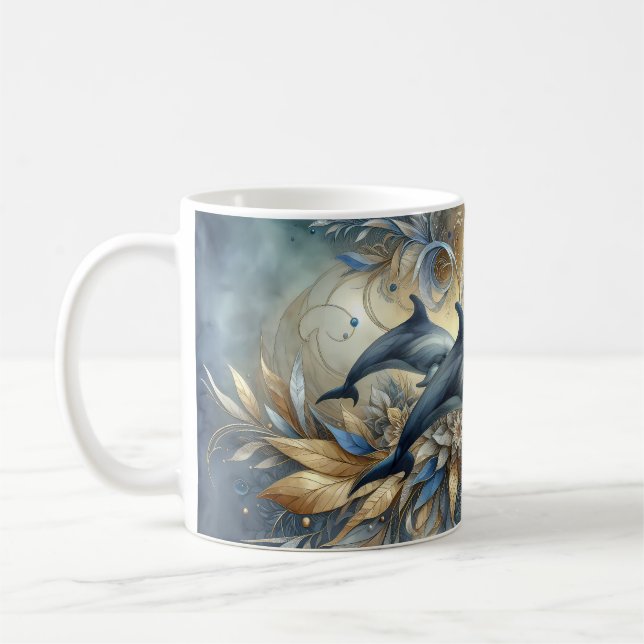 Caneca De Café Golfinhos Elegantes com Ondas Florais Douradas (Esquerda)
