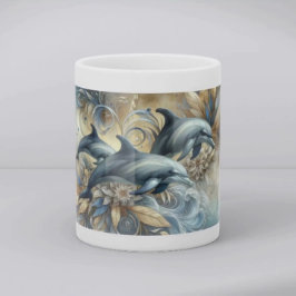 Caneca De Café Golfinhos Elegantes com Ondas Florais Douradas