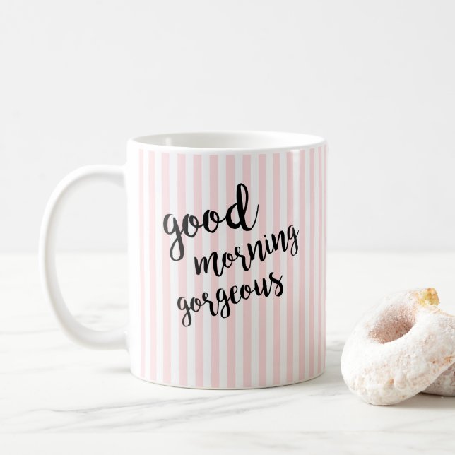 Caneca De Café Good Morning Gorgeous Pink Stripe (Com Donut)