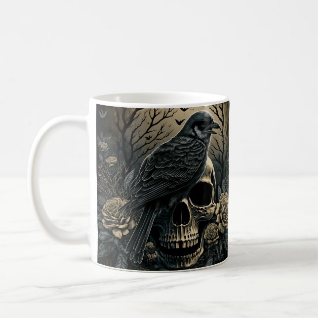 Caneca De Café Goth Skull Art with Raven Design (Esquerda)