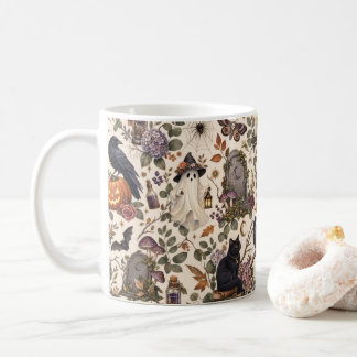 Caneca De Café Gothic Halloween Ravens Cats Ghosts Floral Pattern
