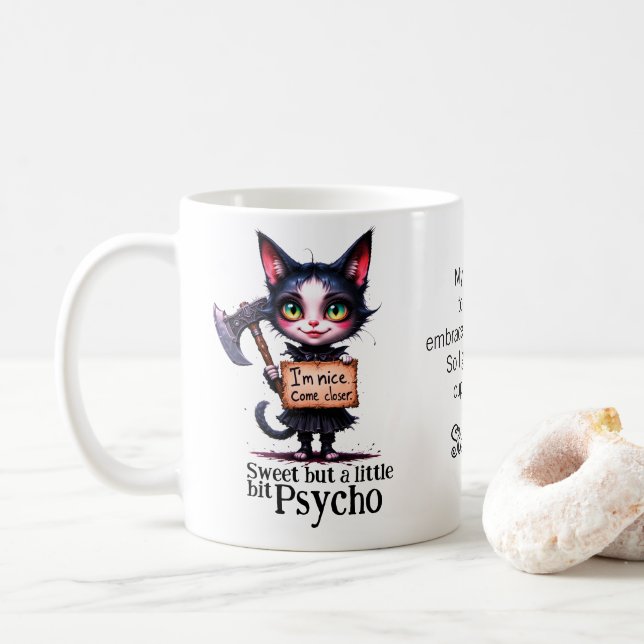 Caneca De Café Gothic Psycho Cute Cat With Axe  (Com Donut)
