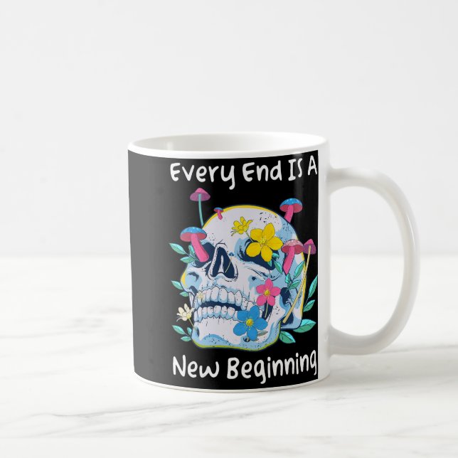 Caneca De Café Gothic Skull Mushroom Flowers Every End Is A New B (Direita)