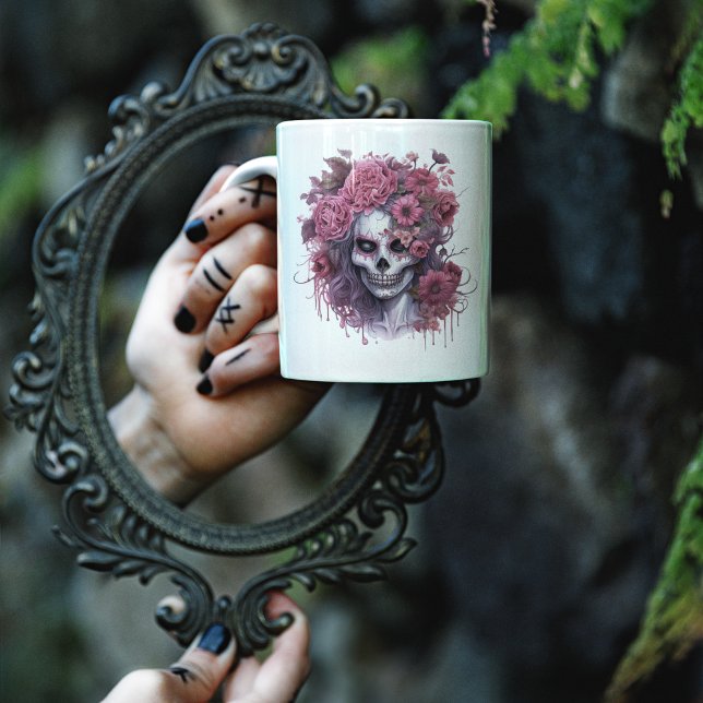 Caneca De Café Gótica Floral Halloween Maligna Rosa Bruxa Bruxa R (Halloween Pink Skull Girl Mug)