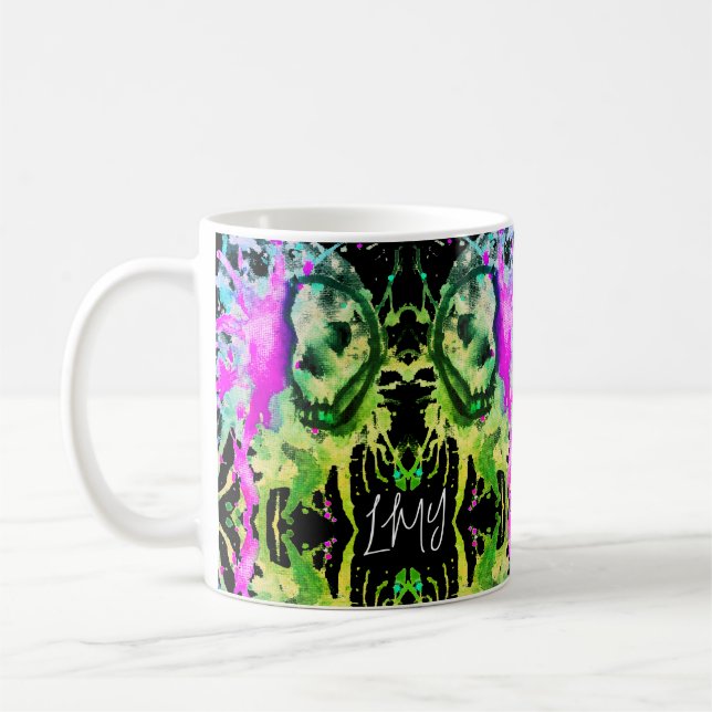 Caneca De Café Gótica Skull Watercolor Halloween Neon Art (Esquerda)